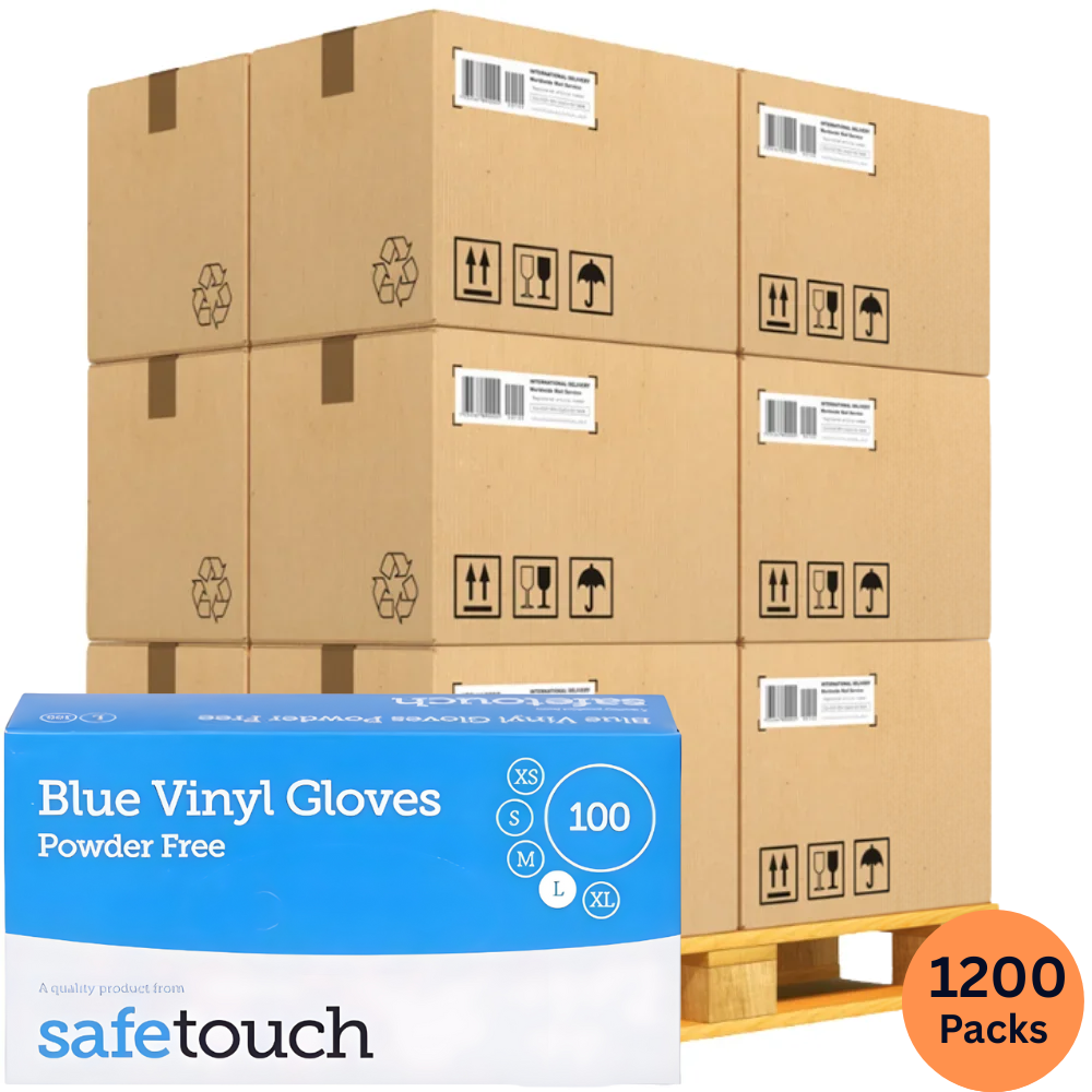 SafeTouch Blue Vinyl Gloves – Powder-Free | Wholesale 120-Case Bulk Pallet