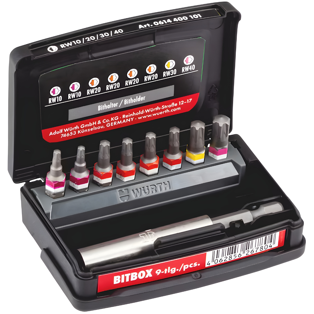 wurth-rw-bit-set-9pcs-open-angled wurth rw bit set 9pcs angled view open showing all bits and spring-assisted holder for professional use