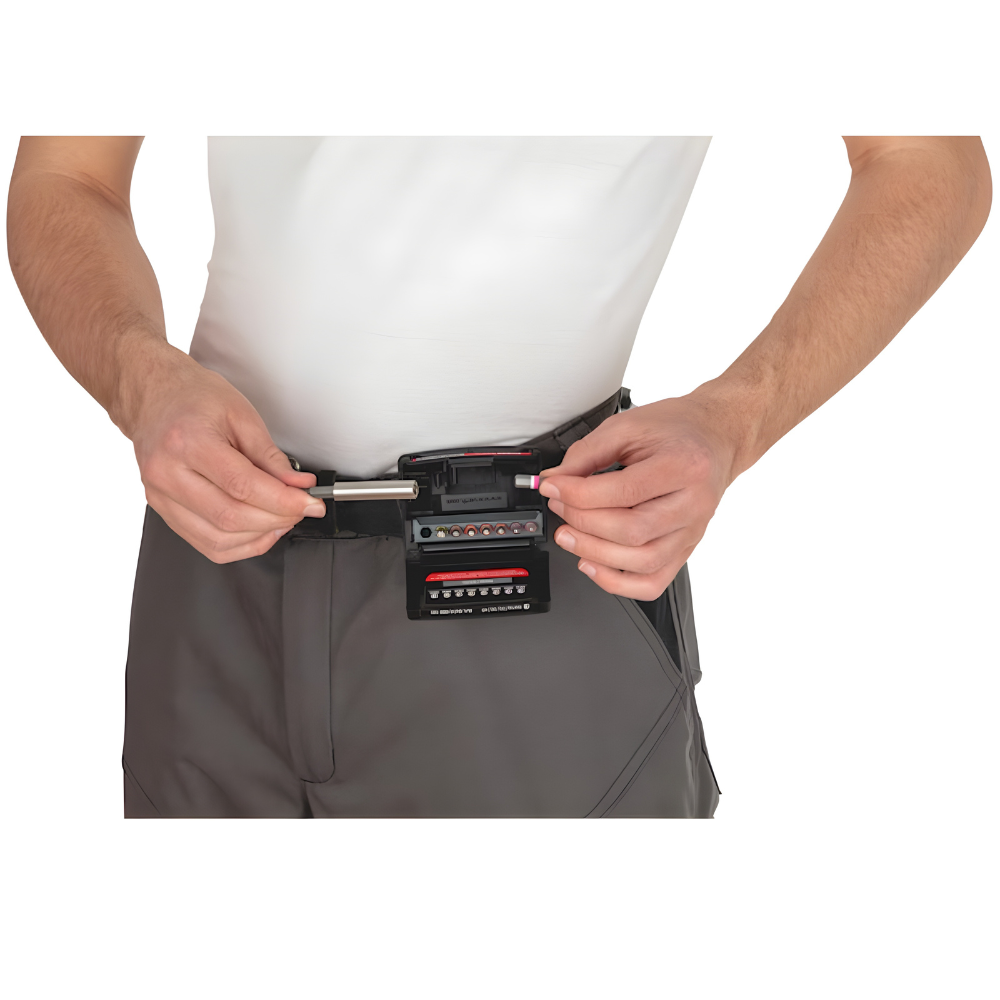 wurth-rw-bit-set-9pcs-belt-clip wurth rw bit set 9pcs attached to belt showing portable spring-loaded bit holder for workshops