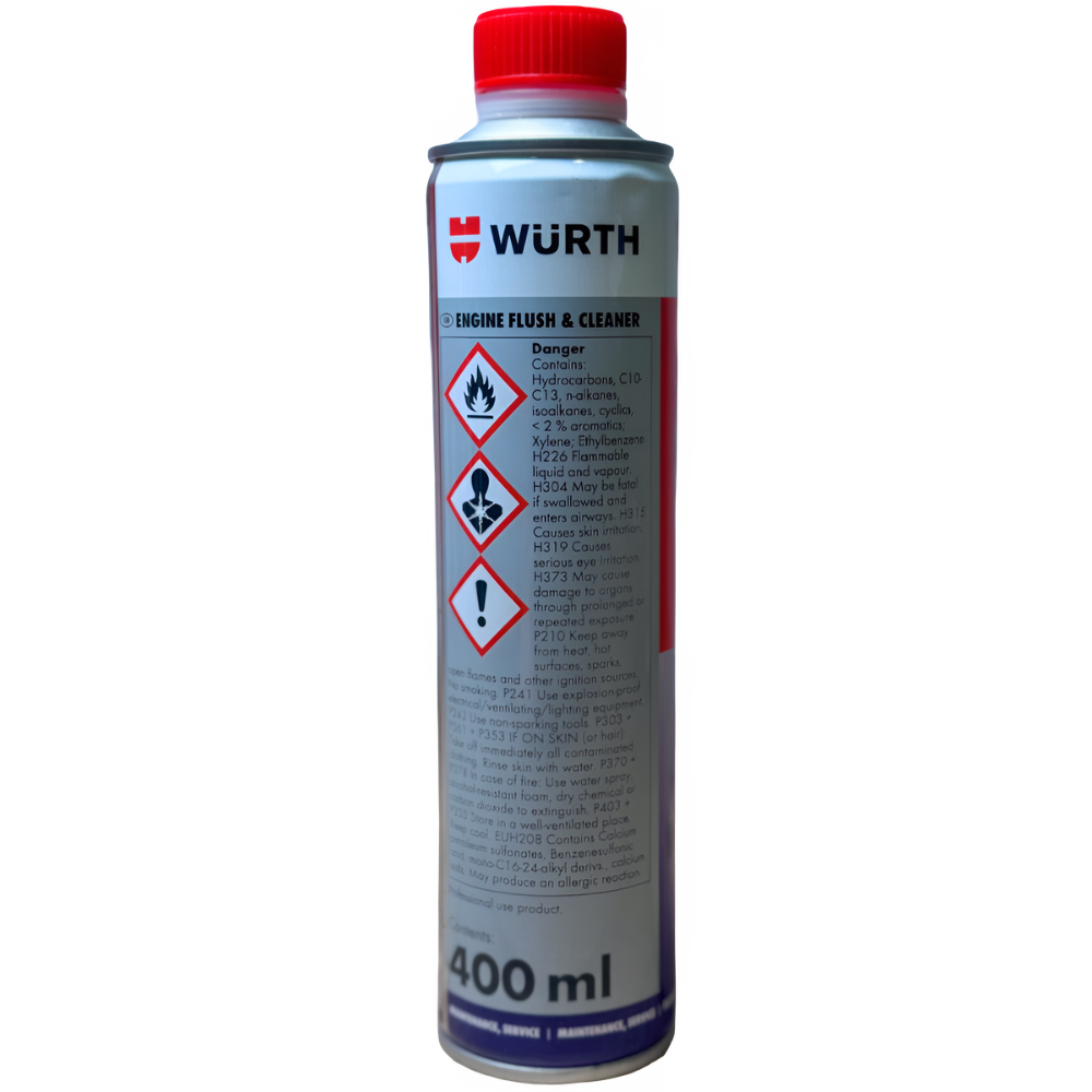 wurth-engine-flush-400ml-hazard-information Würth Engine Flush 400ml – Back of tin showing hazard symbols and chemical content details for safe handling.