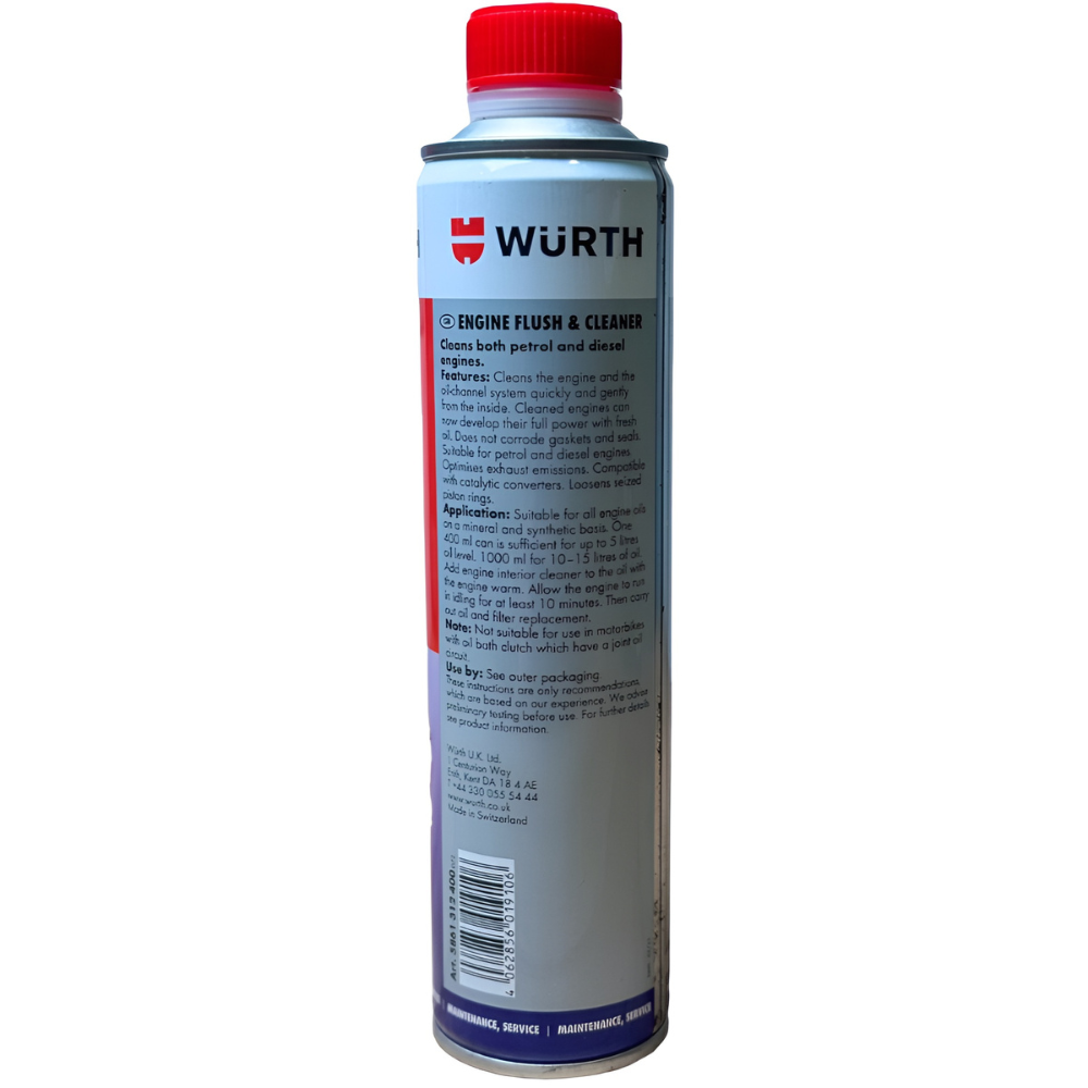 wurth-engine-flush-400ml-usage-instructions Würth Engine Flush 400ml – Back of tin with usage instructions and directions for application.