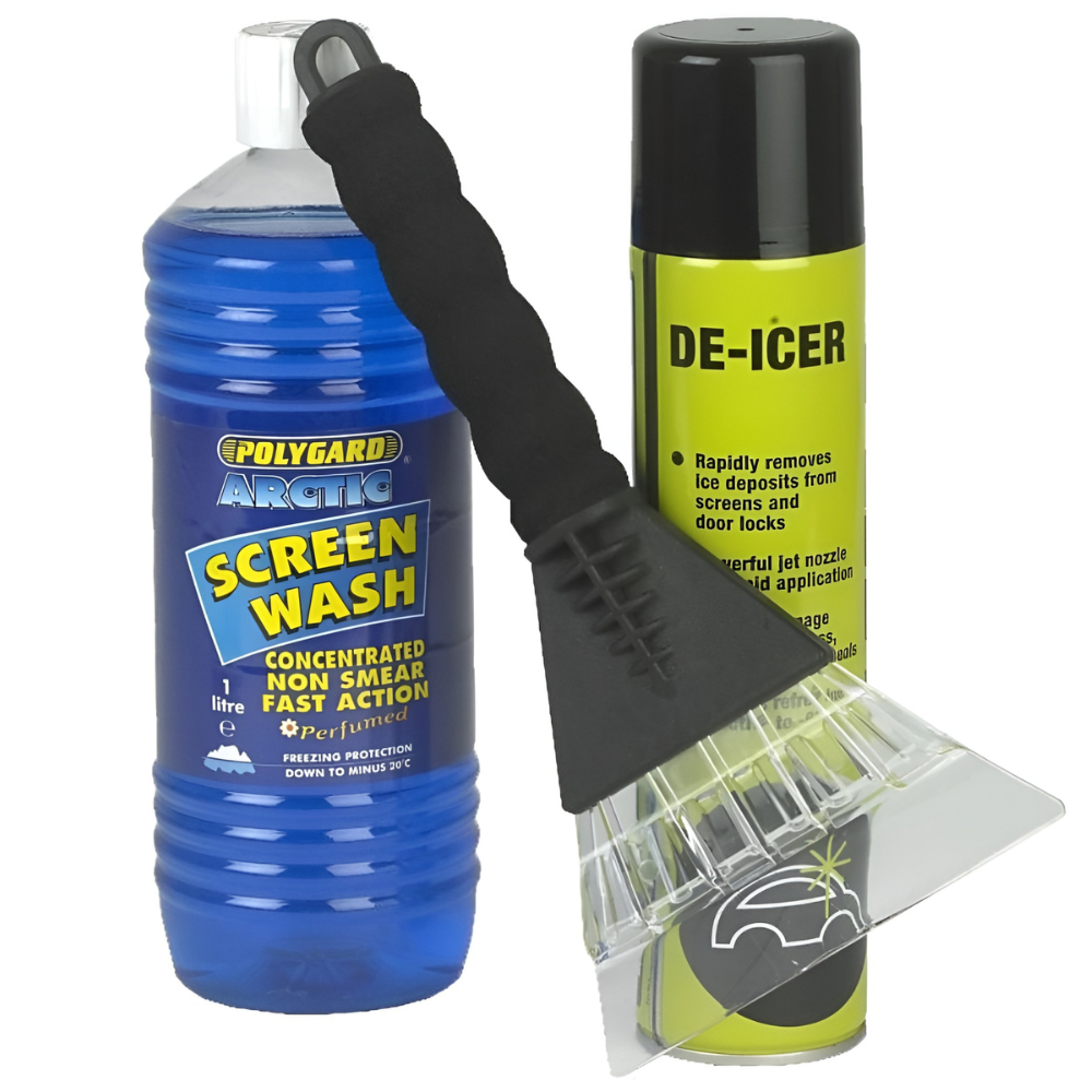 Winter Essentials Pack – includes screenwash, de-icer, and ice scraper for improved winter visibility and safer cold-weather driving.