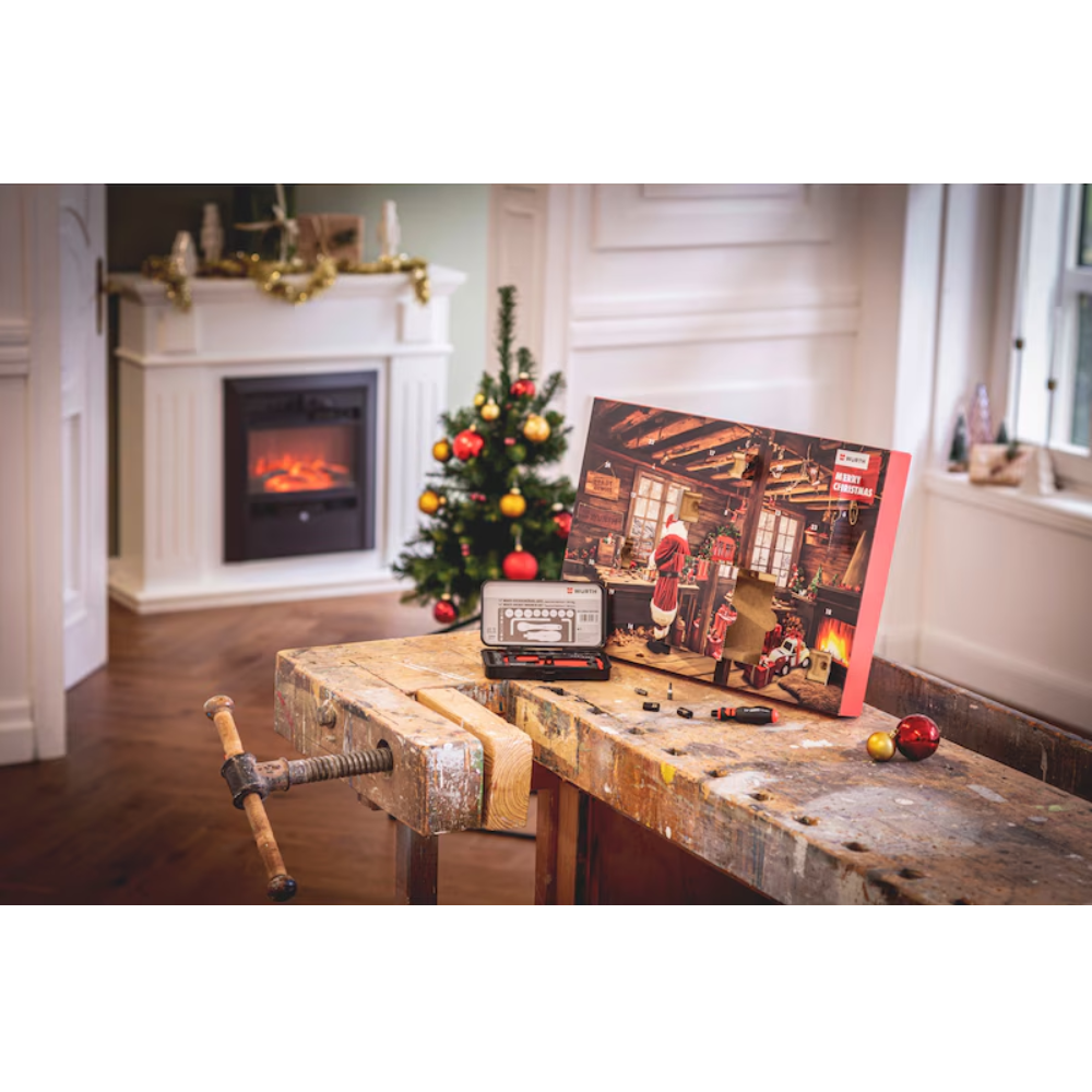Würth Advent Calendar 24 Pieces – Contents displayed on workbench with Christmas tree in background
