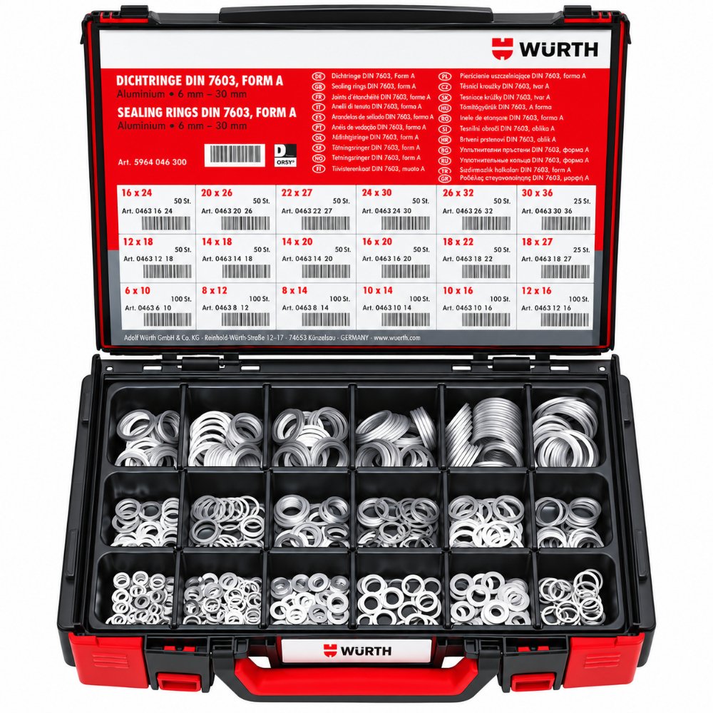 Würth ORSY® Aluminium Sealing Washer Assortment 525pcs – Form A Flat Ring Kit