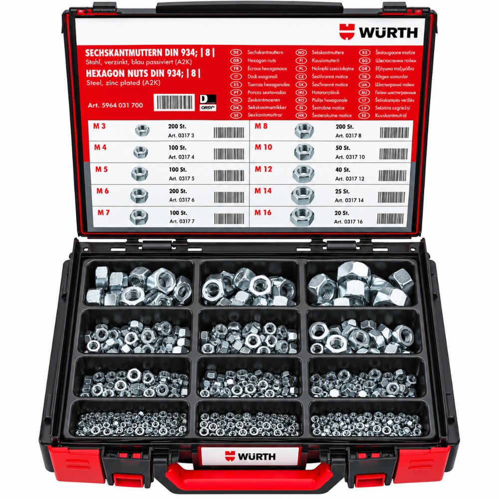Würth ORSY® Hex Nut Assortment – 1035-Piece Zinc-Plated Steel Kit