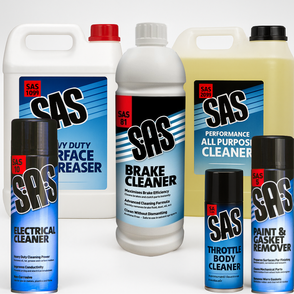 SAS Cleaning & Degreasing range – multi-product image showing electrical cleaner, brake cleaner, degreaser, all purpose cleaner, throttle body cleaner and paint remover for workshop and automotive cleaning tasks