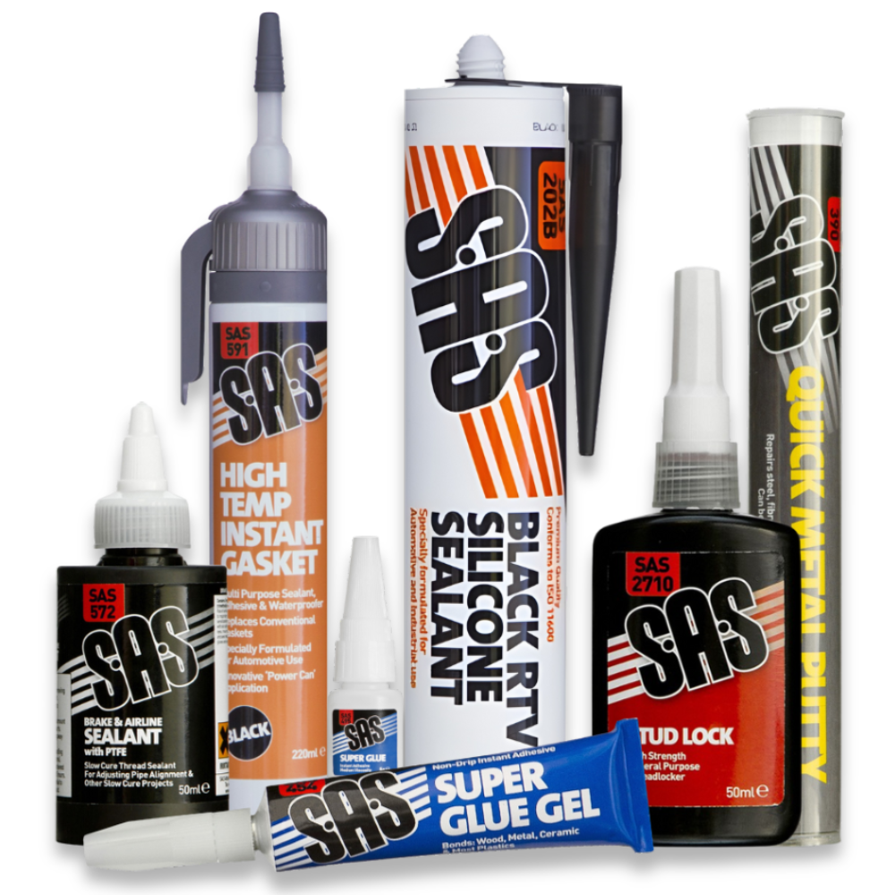 S.A.S Adhesives & Sealants Range – multiple repair and sealing products including gasket maker, silicone sealant, stud lock, metal putty, and super glues, shown together to highlight strength and versatility. Image Caption S.A.S Adhesives & Sealants Range – reliable bonding and sealing solutions for repairs and maintenance. Image Description Photo of the S.A.S Adhesives & Sealants Range showing several products together,