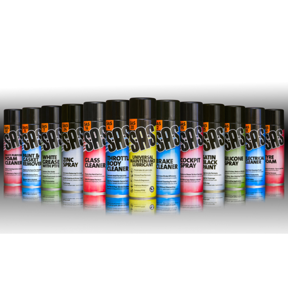 S.A.S Range aerosols – multiple products shown to highlight uses, benefits, and variety across the S.A.S collection.