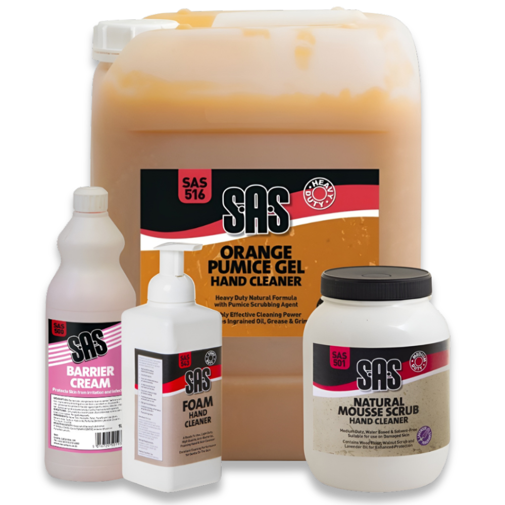 SAS Hand Care Range – multiple products including barrier cream, foam hand cleaner, pumice gel, and mousse scrub, shown together to highlight cleaning performance and skin protection.