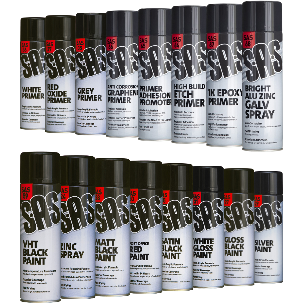 SAS Paints and Primers Range – Full selection of spray paints and primers for automotive, metalwork, and workshop use