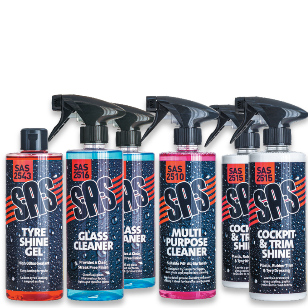 S.A.S Valeting Range – multiple spray products including tyre shine gel, glass cleaner, multi-purpose cleaner, and cockpit & trim shine, shown together for car cleaning and detailing performance.