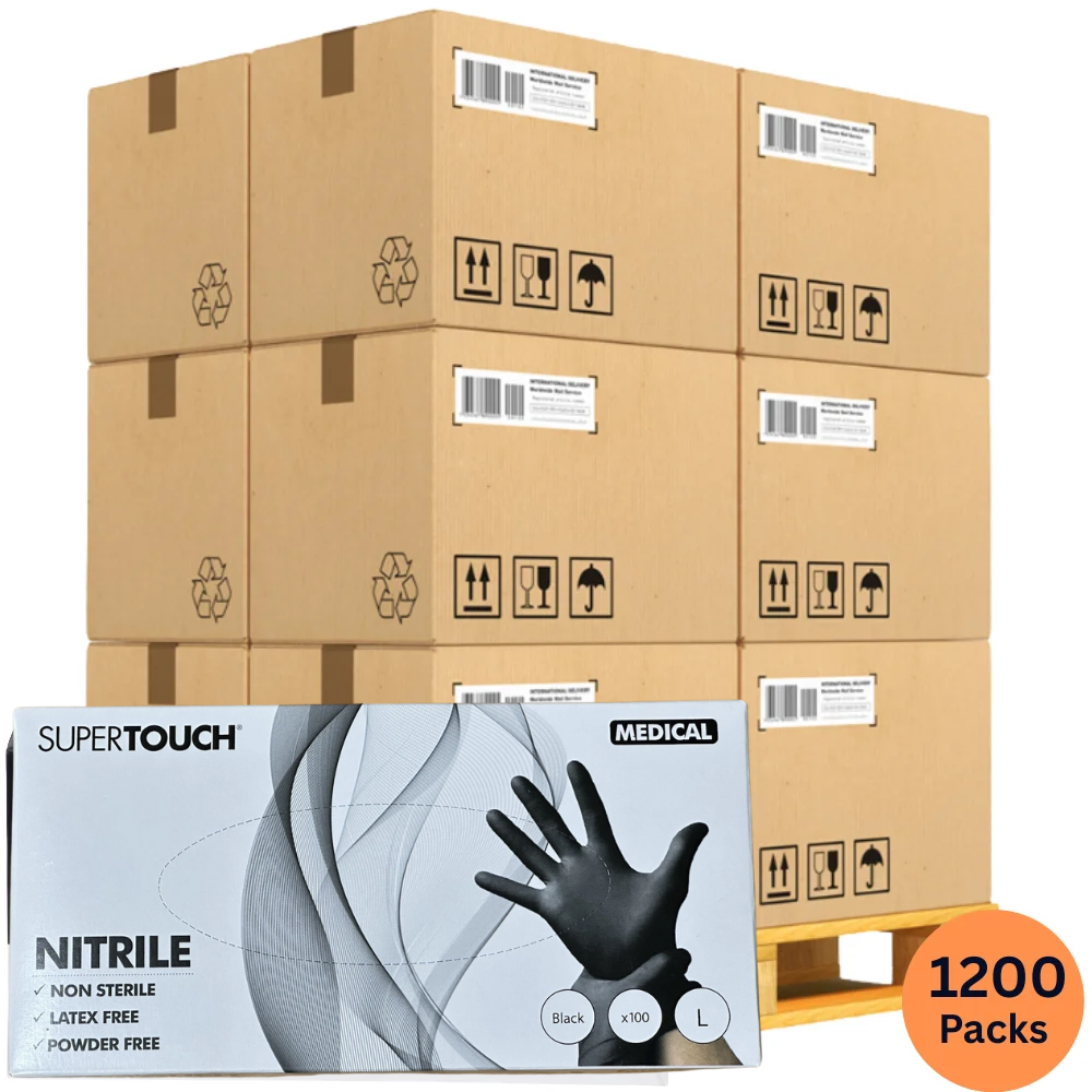 SuperTouch Black Nitrile Gloves – Powder-Free | Wholesale 120-Case Bulk Pallet