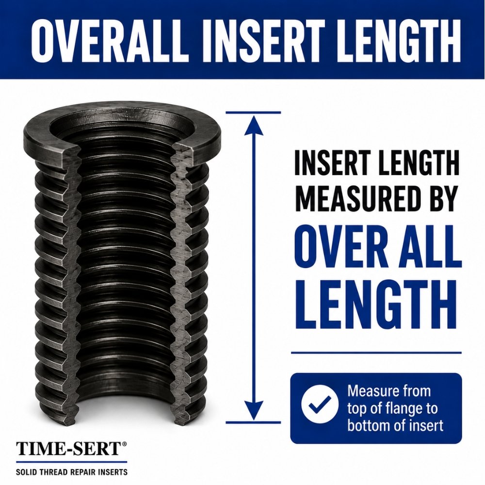 TIME-SERT insert length measurement guide showing overall insert length