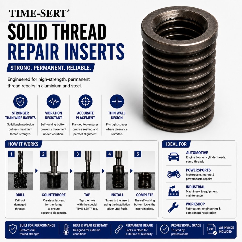 TIME-SERT thread insert installation process showing drill counterbore tap install and completed repair