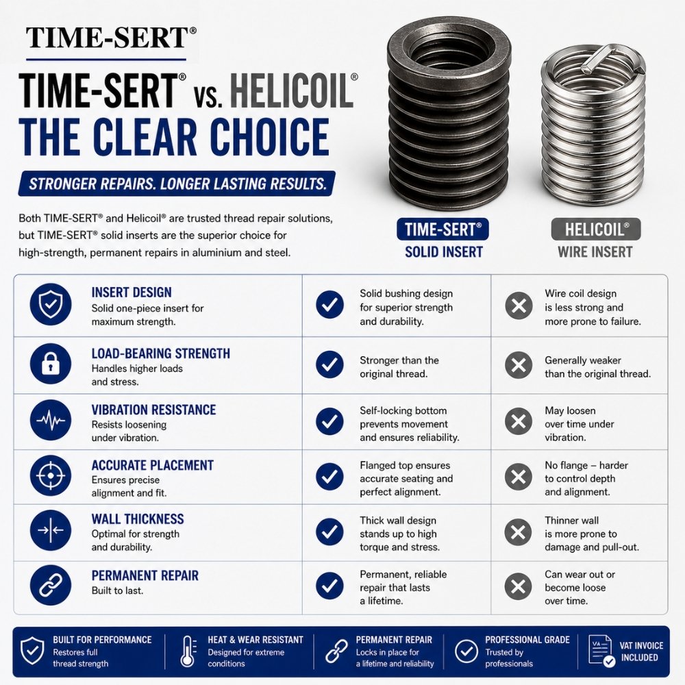 TIME-SERT solid insert compared with HELICOIL wire thread insert