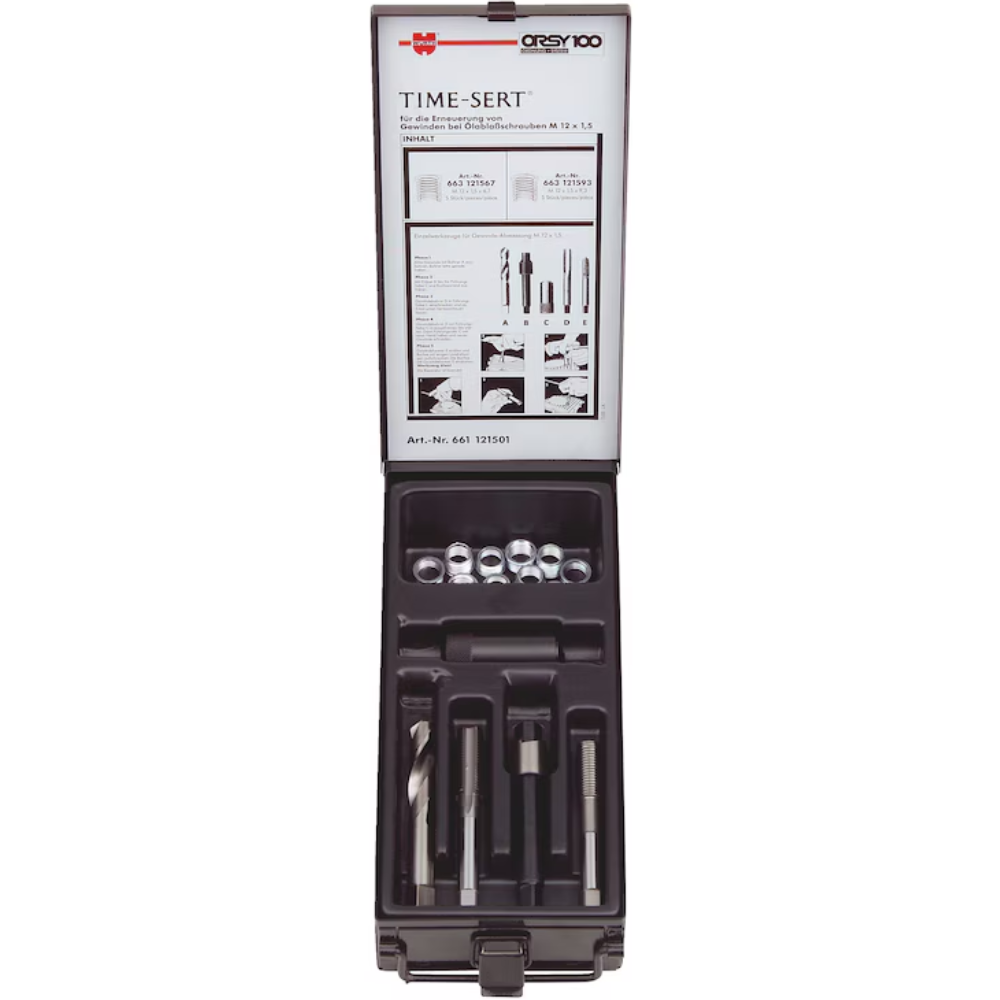 TIME-SERT M12 x 1.5 Thread Repair Kit – 15-piece set for restoring damaged oil drain plug threads with precision and long-lasting strength.