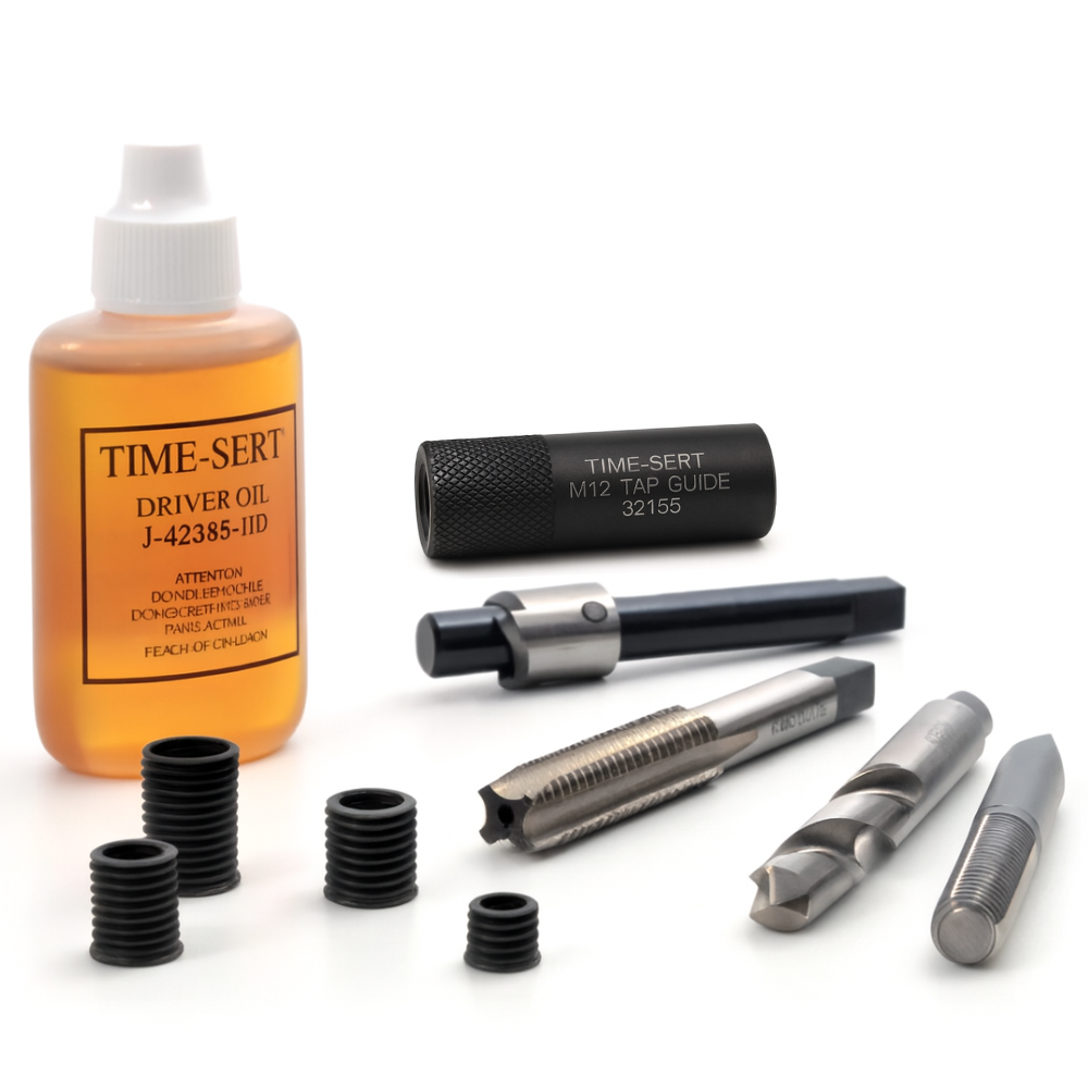 TIME-SERT Oil Drain Plug Repair Kit – Includes driver oil, tap guide, inserts, drill, and installation tools for accurate sump plug thread repair.