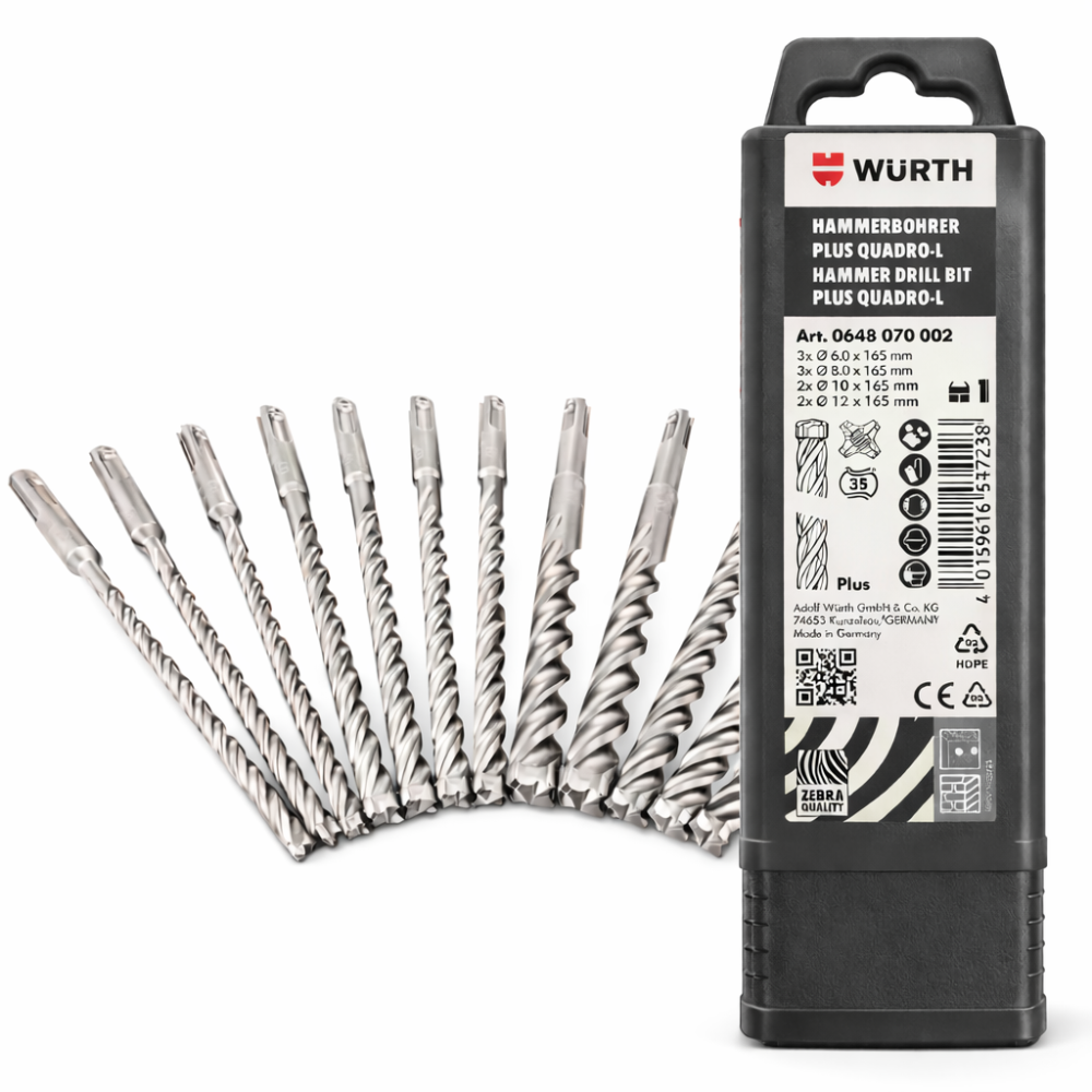 Würth ZEBRA® Plus Quadro-L SDS-Plus Hammer Drill Bit Set – 6–12mm (12-Piece)