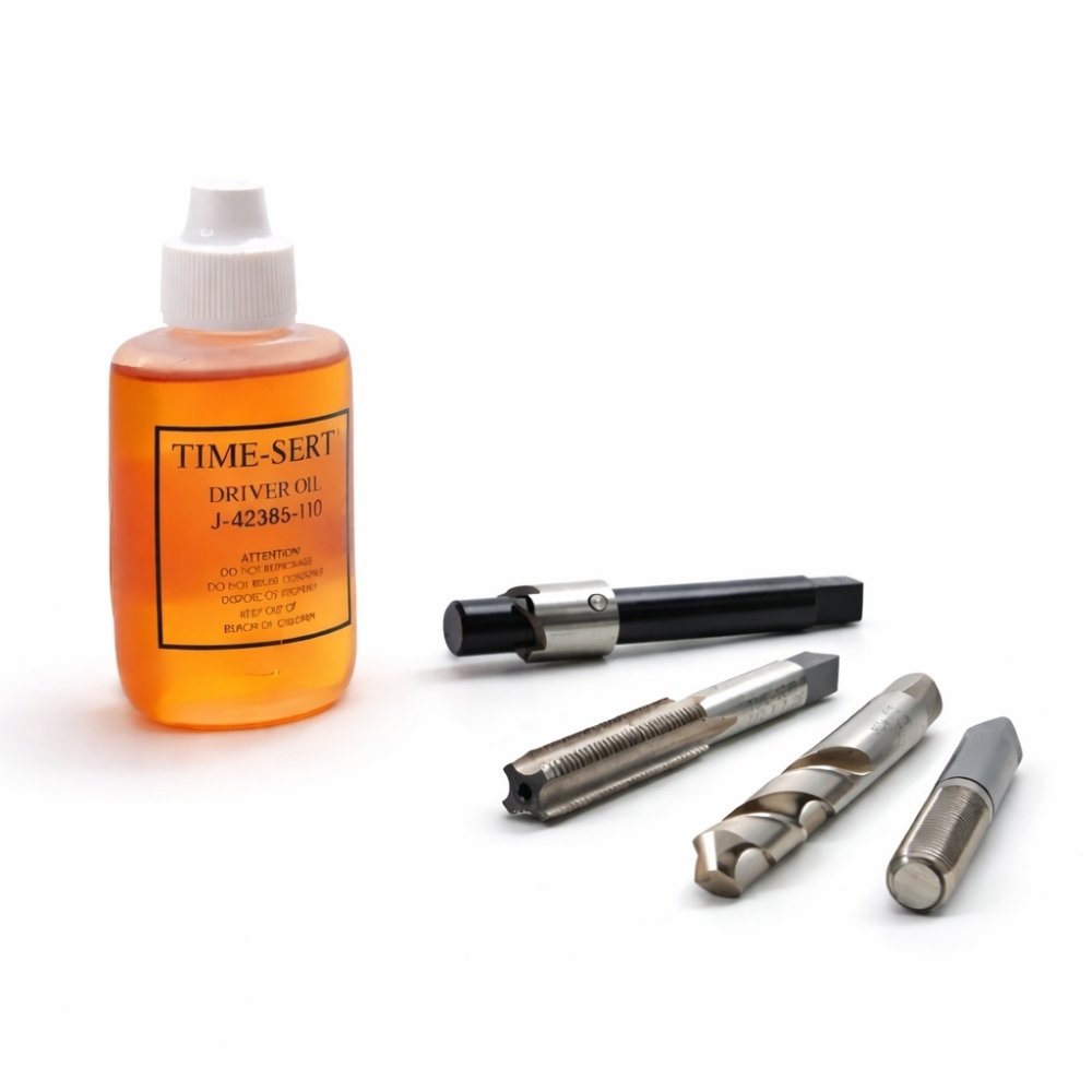 TIME-SERT driver oil with thread repair tools including tap, drill and installation tools