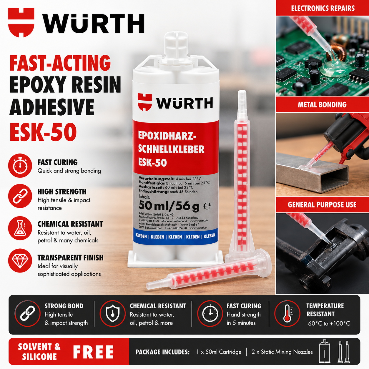 Würth ESK-50 epoxy adhesive featuring fast curing, high strength and clear finish