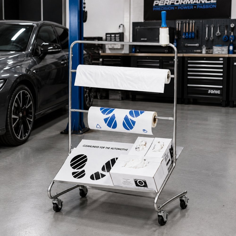 Automotive dispenser trolley for dispensing seat covers floor mats and steering wheel covers