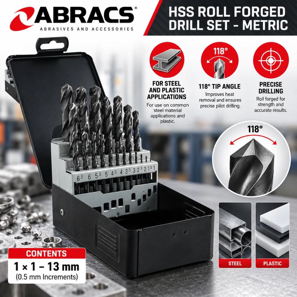 ABRACS HSS roll forged drill bit set 1-13mm features and 118 degree tip