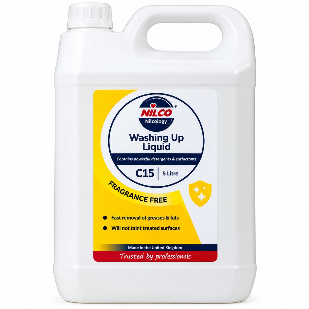 Nilco C15 Fragrance Free Washing Up Liquid 5 litre white container for professional catering cleaning