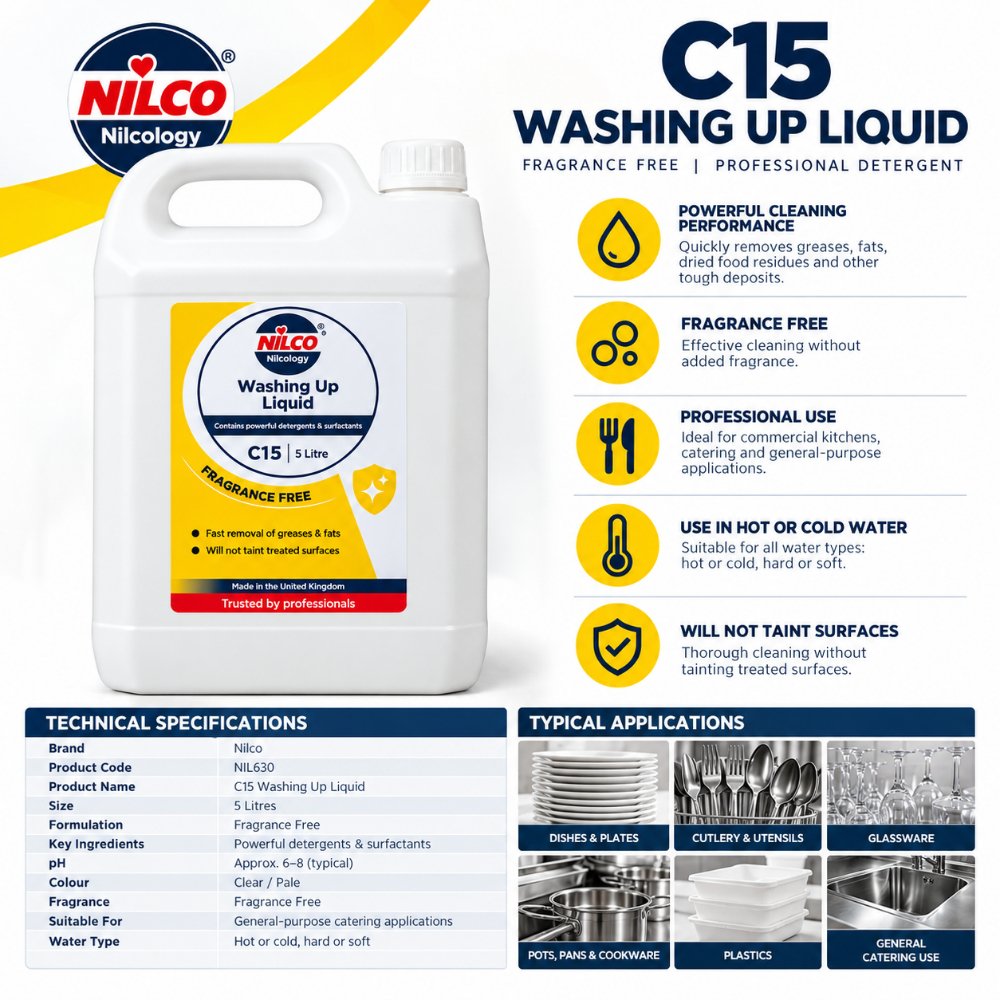 Nilco C15 Fragrance Free Washing Up Liquid 5 litre showing cleaning benefits, technical specifications and catering applications