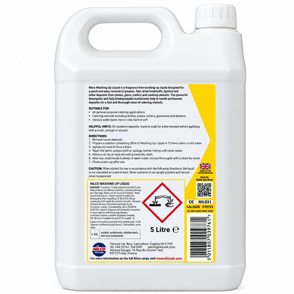 Nilco C15 Washing Up Liquid 5 litre rear label showing dilution instructions, ingredients and safety information